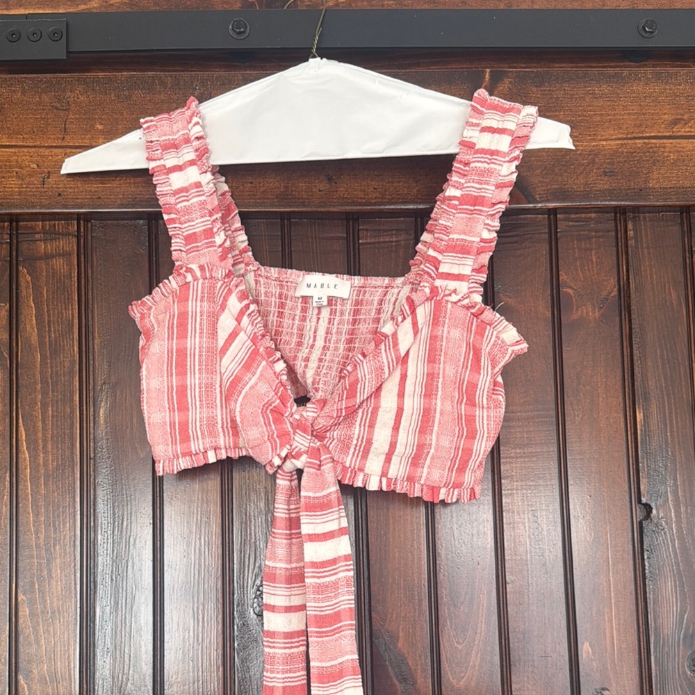 Maeve Pink and White Ruffled Tie Front Crop Tank Top